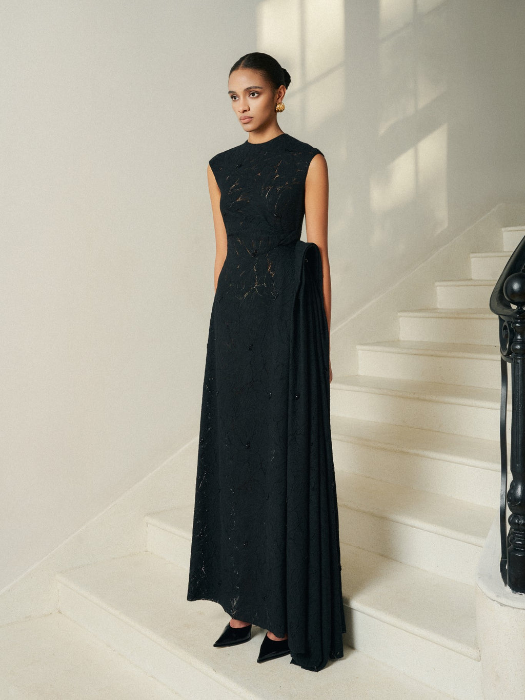 Nella Emb Lace Draped Midi Black Dress – image 2