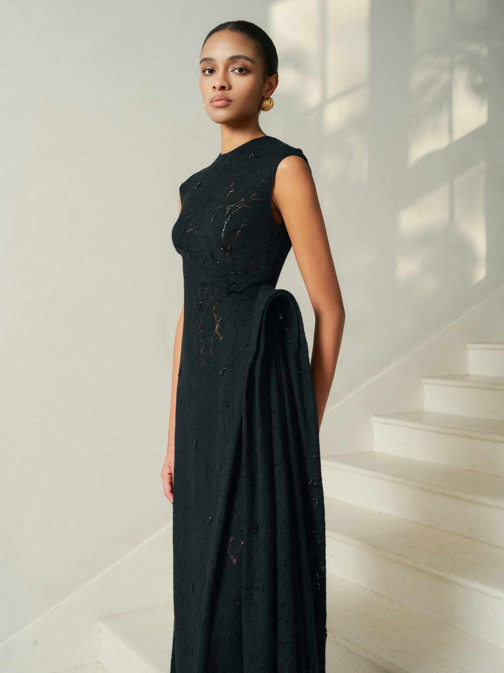 Nella Emb Lace Draped Midi Black Dress – image 4