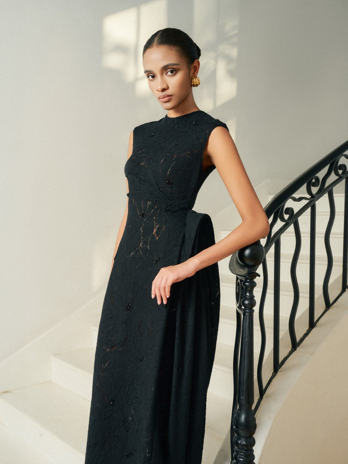 Nella Emb Lace Draped Midi Black Dress – image 3