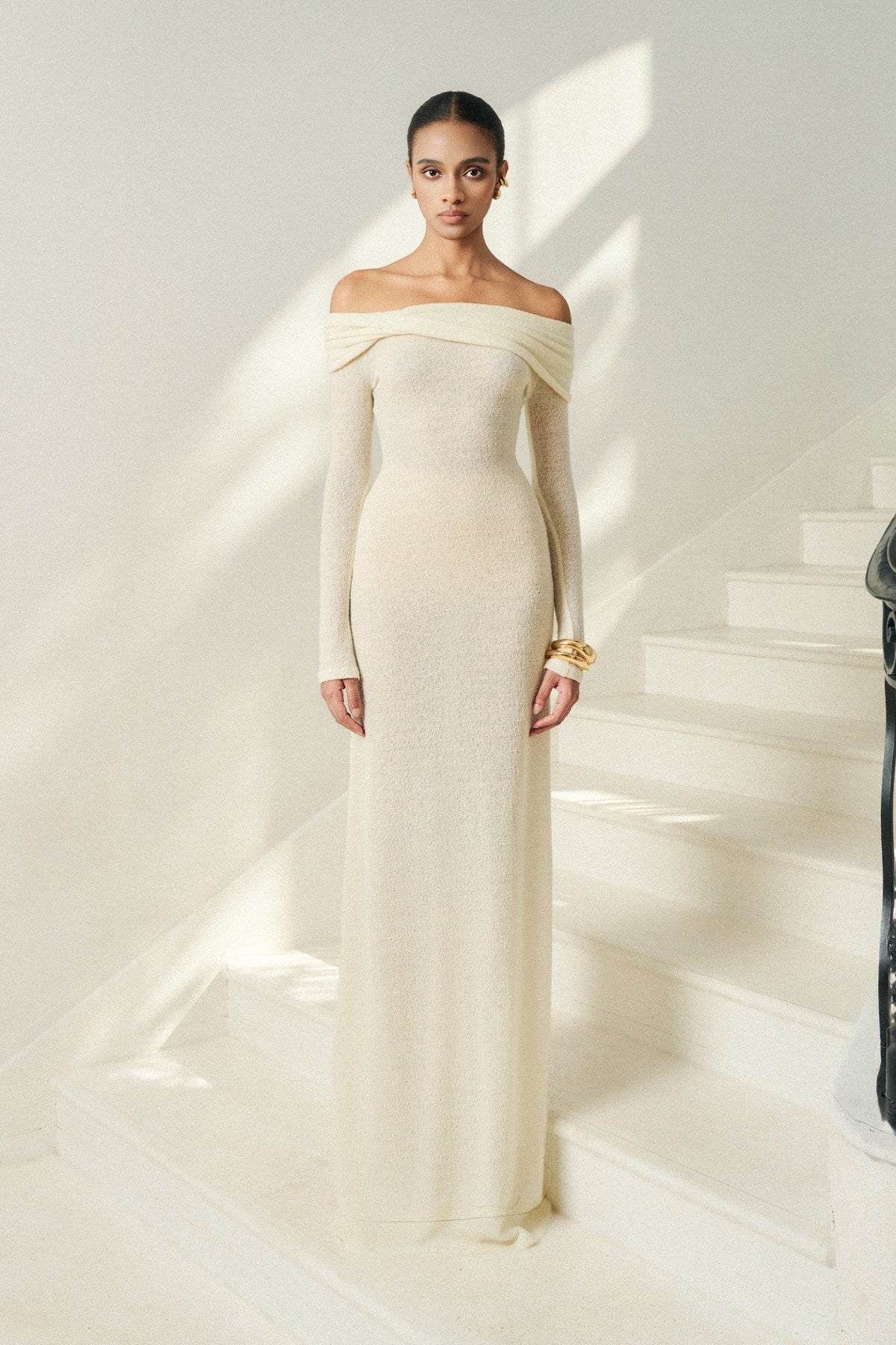 LUMI WOOL LACY JACQUARD LONG WHITE DRESS